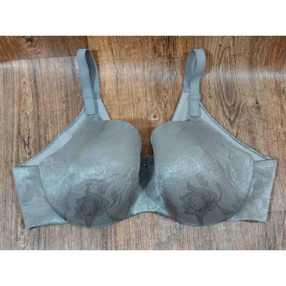 Cacique Lightly Lined Balconette Gray Floral Brocade Bra 42DD Adjustable Straps